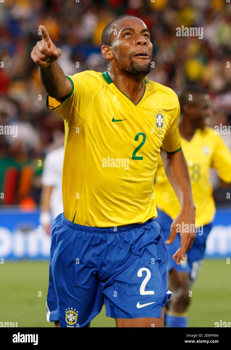 Brazil's Maicon celebrates after scoring during their Confederations Cup soccer match against the U.S at the Loftus Versfeld Stadium in Pretoria June 18, 2009.       REUTERS/Jerry Lampen (SOUTH AFRICA SPORT SOCCER) Stock Photo