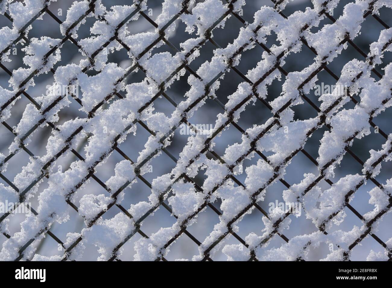 Wire mesh fence covered with snow as a seasonal winter background texture, selected focus Stock Photo