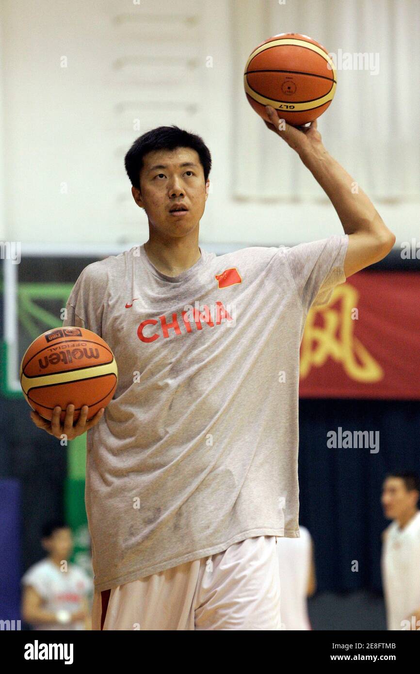 China's first NBA player Wang Zhizhi practises with the national