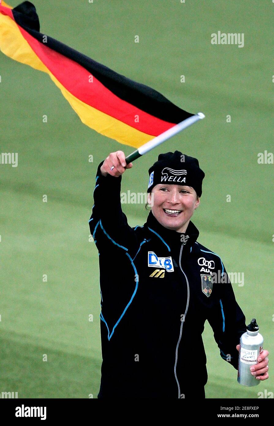 Germany's Claudia Pechstein celebrates after winning the European all round Speedskating Championships at the Vikingship Olympic arena in Hamar, Norway January 15, 2006. REUTERS/Jerry Lampen Stock Photo