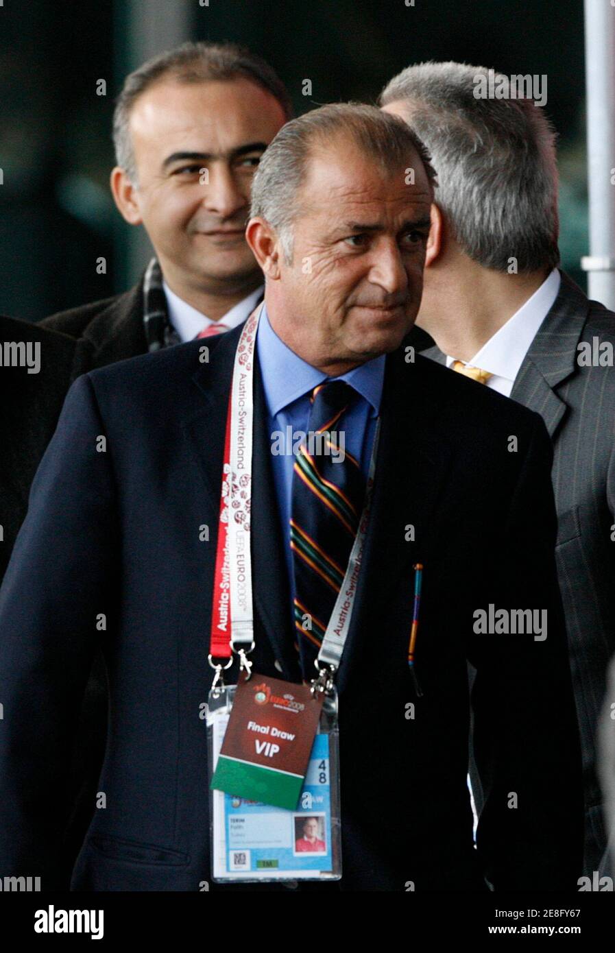 Turkey's national soccer team coach Fatih Terim arrives for the UEFA Euro 2008 soccer final draw in Lucerne December 2, 2007. (EURO 2008 PREVIEW)  REUTERS/Pascal Lauener (SWITZERLAND) Stock Photo