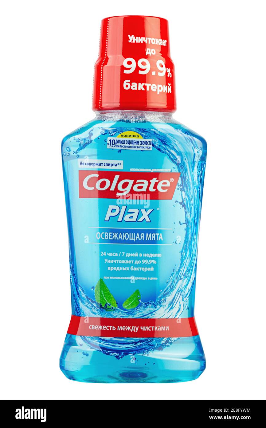 Ukraine, Kyiv - January 11. 2021:White background photograph of a Colgate brand mouthwash. Product for protection against tartar and plaque. File cont Stock Photo