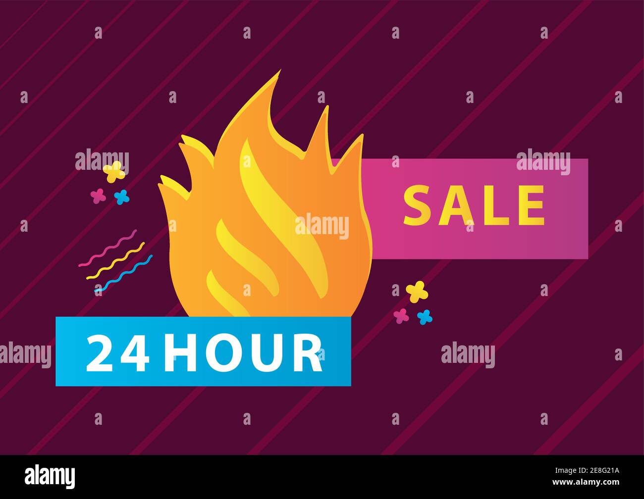 24 hours sale countdown lettering with fire flames in purple background