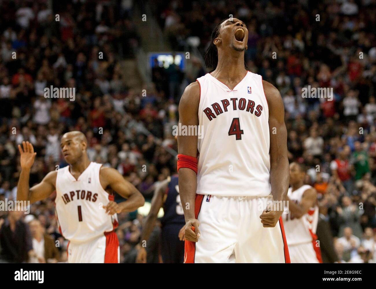 Toronto Raptors Chris Bosh celebrates scoring against the Cleveland  Cavaliers during the second half of their NBA basketball game in Toronto,  October 28, 2009. REUTERS/Mark Blinch (CANADA SPORT BASKETBALL Stock Photo  - Alamy