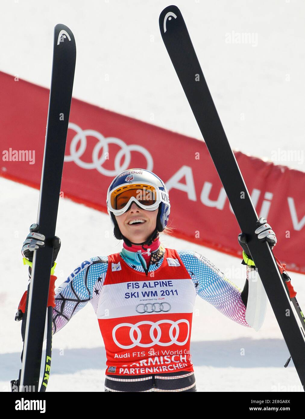 Lindsey Vonn of the U.S. celebrates victory at the women's Alpine Skiing World Cup Super G race in Garmisch-Partenkirchen March 12, 2010.  REUTERS/Miro Kuzmanovic (GERMANY - Tags: SPORT SKIING) Stock Photo