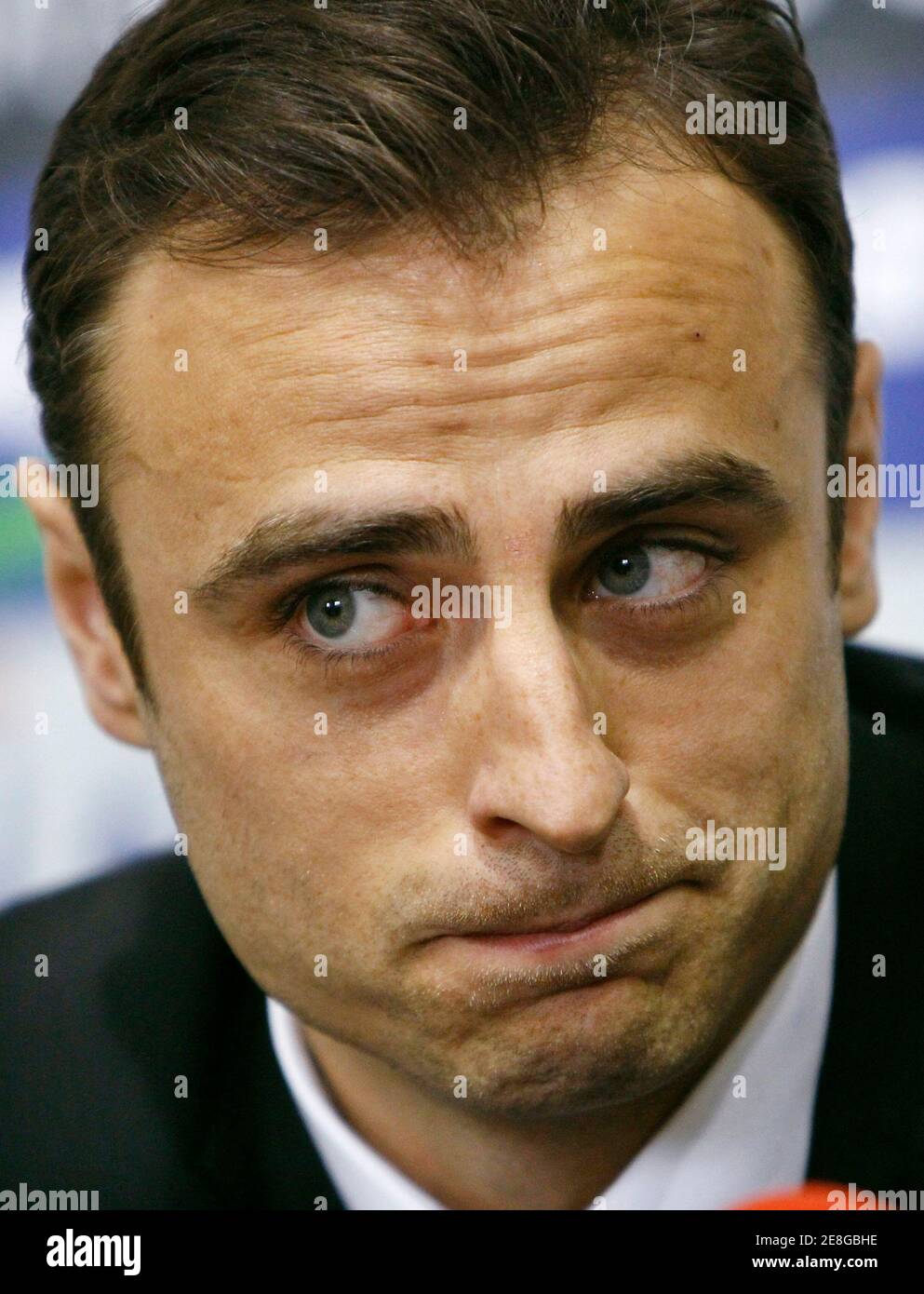Captain of Bulgarian soccer team and Manchester United's striker Dimitar Berbatov attends a news conference in Sofia, May 13, 2010. Berbatov has decided to quit the national team, he said on Thursday. 'It was a difficult decision but sometimes we have to take difficult decisions,' the 29-year-old Manchester United striker told a news conference at the Vasil Levski national stadium. REUTERS/Oleg Popov (BULGARIA - Tags: SPORT SOCCER HEADSHOT) Stock Photo