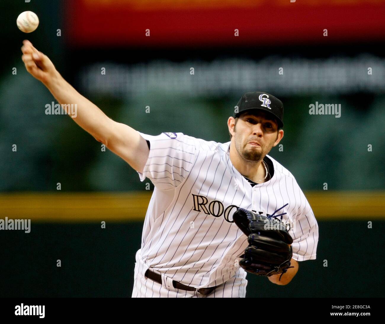 Colorado Rockies starting pitcher Jason Hammel throws in the first inning of their MLB baseball game against the Toronto Blue Jays in Denver June 12, 2010. REUTERS/Rick Wilking (UNITED STATES - Tags: SPORT BASEBALL) Stock Photo