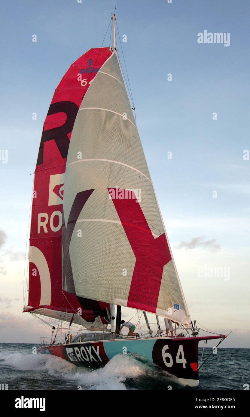Monohull "roxy", skippered by Anne Liardet of France (L) and Miranda Merron  of Britain, sail in the Jacques Vabre Transat race from France to Brazil,  in Salvador, northeastern Brazil November 21, 2005.