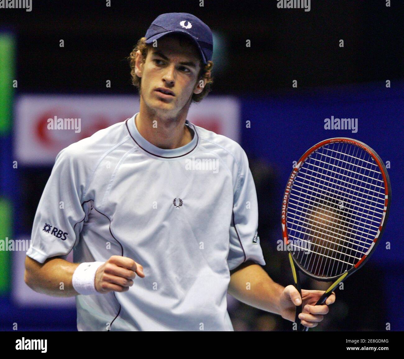 Britain's Andy Murray celebrates his win over Thailand's Paradorn Srichaphan during their semi-finals match at Thailand Open 2005 tennis tournament in Bangkok October 1, 2005. Murray won the match 7-6 5-7 6-2. REUTERS/Chaiwat Subprasom Stock Photo