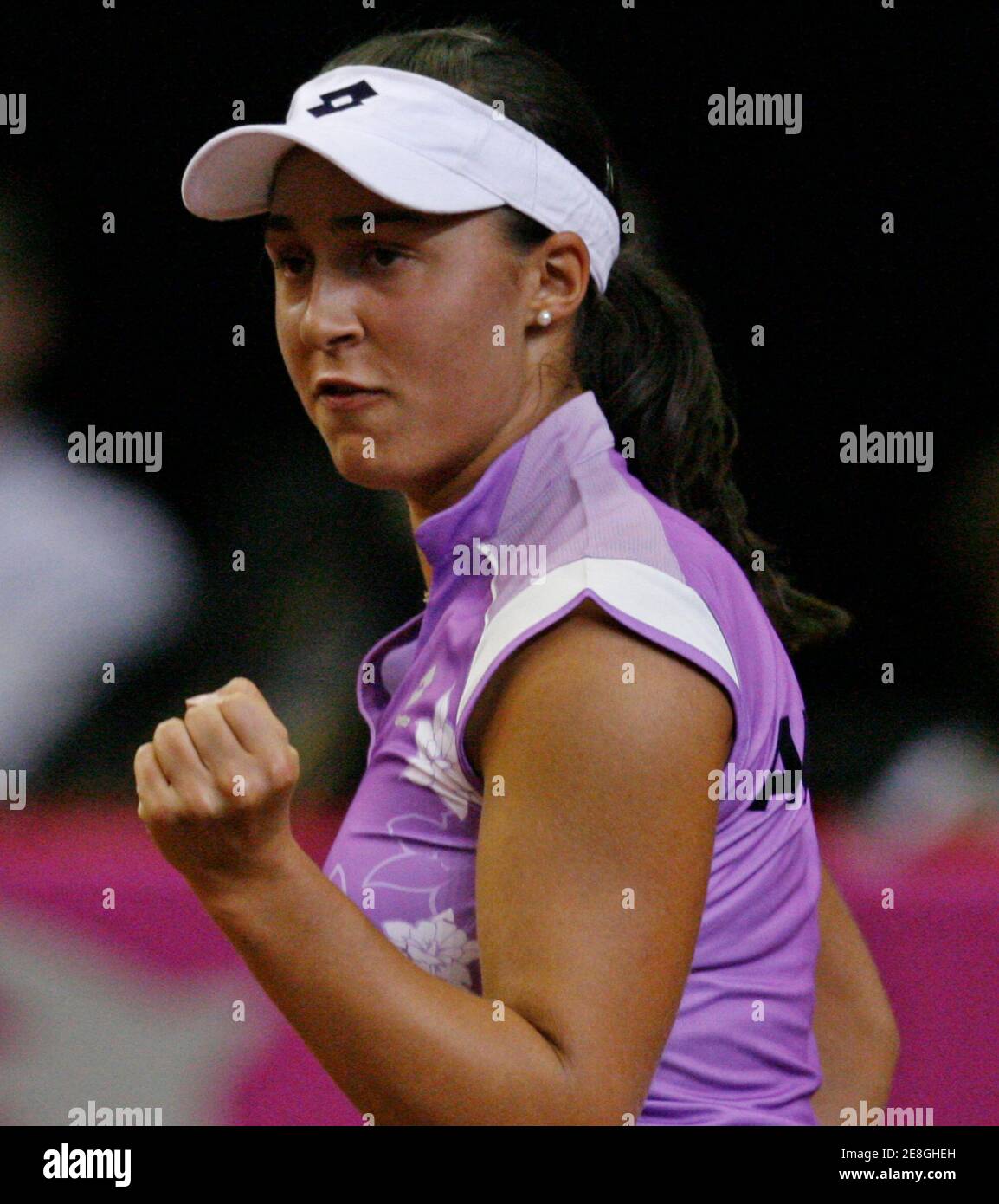 Austria's Tamira Paszek reacts during Fed Cup tennis match against Australia's Samantha Stosur in Dornbirn April 21, 2007. REUTERS/Miro Kuzmanovic (AUSTRIA) Stock Photo