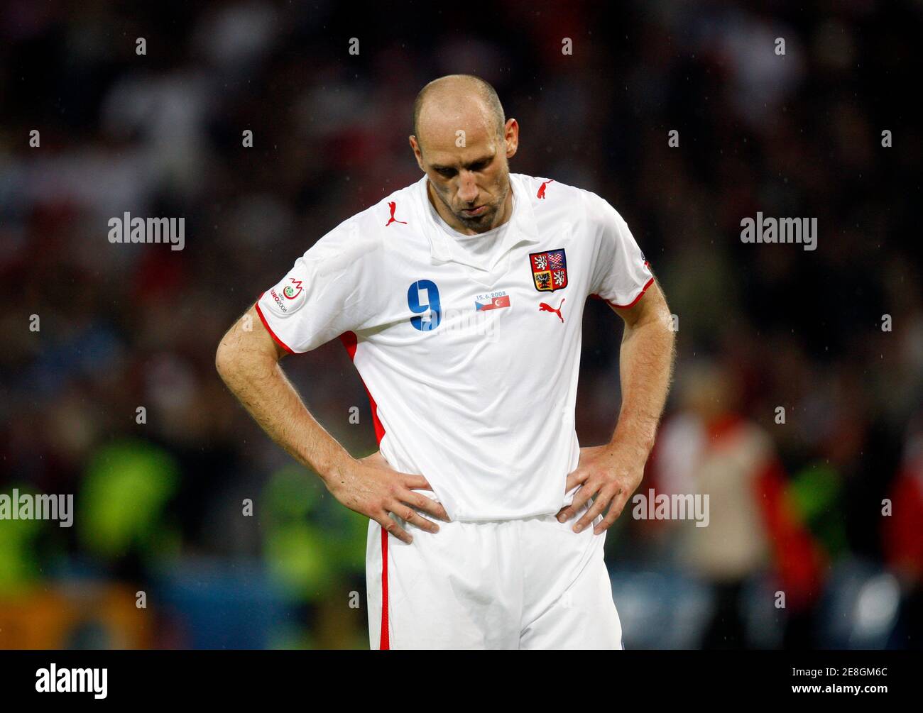 Czech Republic's Jan Koller reacts after their Group A Euro 2008 soccer match defeat to Turkey at Stade de Geneve stadium in Geneva June 15, 2008.     REUTERS/Jerry Lampen (SWITZERLAND)  MOBILE OUT. EDITORIAL USE ONLY Stock Photo