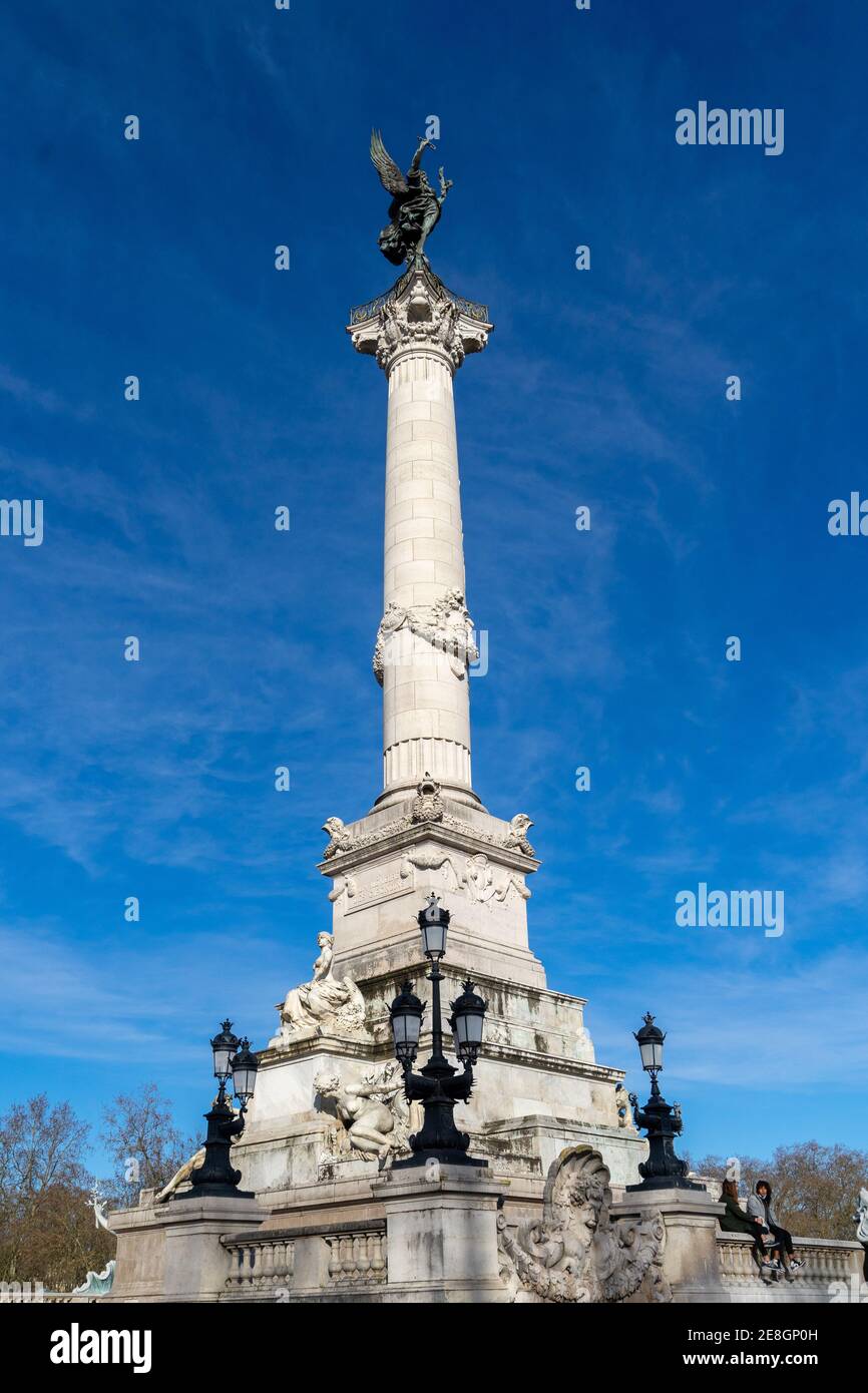 Bordeaux city centre. Historical old city. Walking along the streets of Bordeaux. Girondins monument. Stock Photo