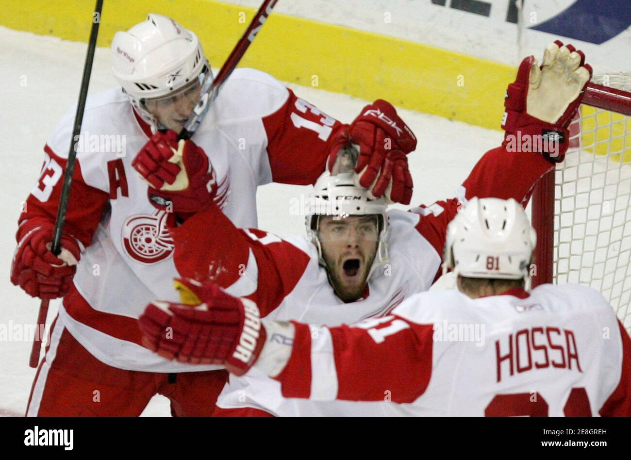 Detroit Red Wings Ville Leino (C) celebrates his first NHL goal against the Washington Capitals with teammates Marian Hossa (R) and Pavel Datsyuk (L) in the first period of their NHL hockey game in Washington, January 31, 2009.   REUTERS/Gary Cameron   (UNITED STATES) Stock Photo