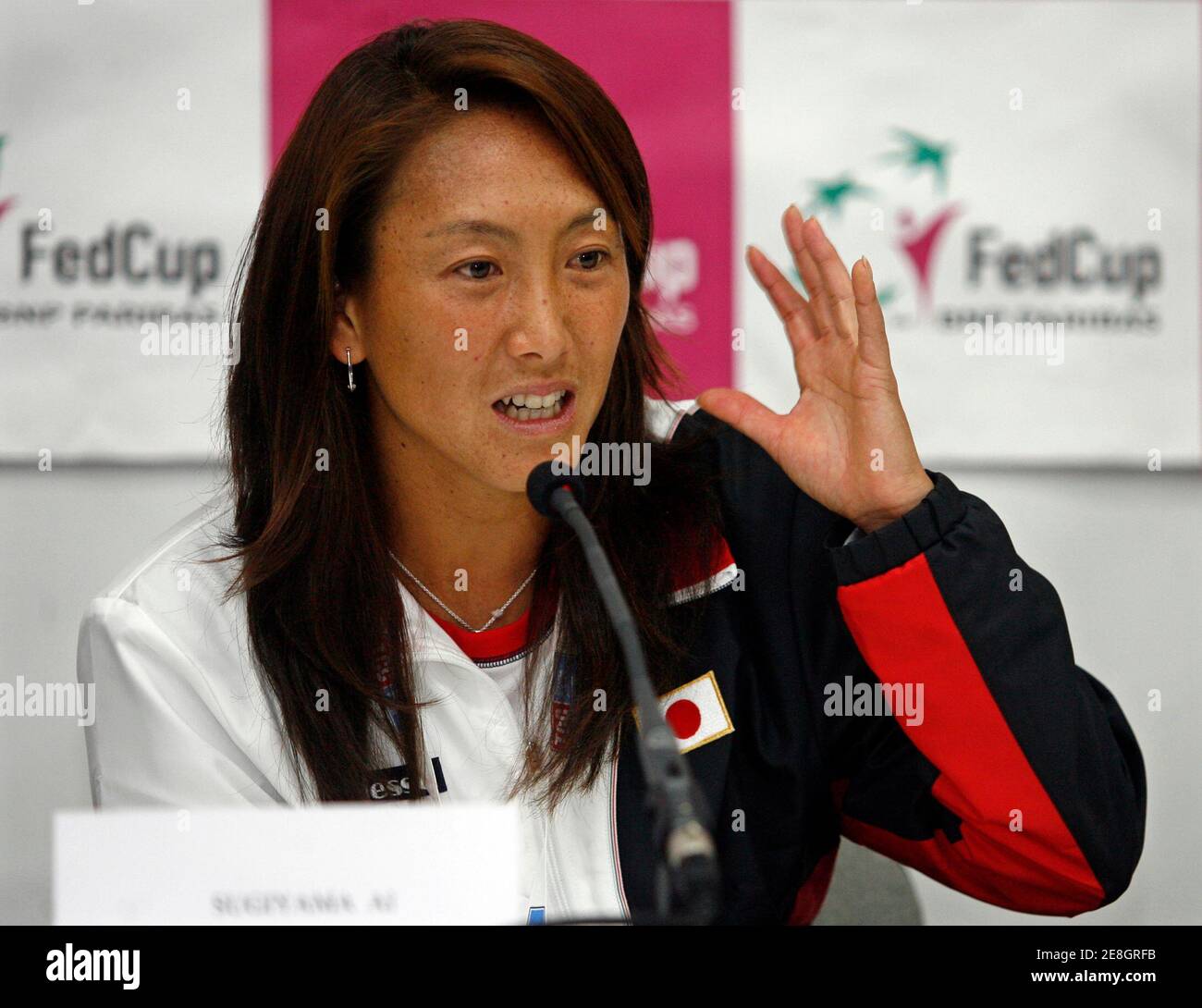 Japan's  Ai Sugiyama answers questions during a news conference in Belgrade February 4, 2009. Japan will play the Fed Cup tennis tournament against Serbia during the weekend.  REUTERS/Ivan Milutinovic  (SERBIA) Stock Photo