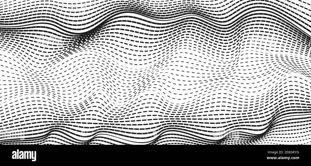 Black dotted undulating curves, white background. Tech line art pattern. Monochrome design. Abstract vector graphic. Radio, sound waves concept. EPS10 Stock Vector