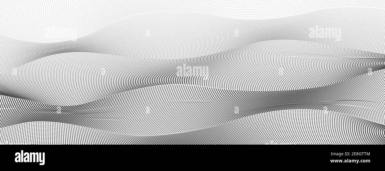 Black dotted squiggle lines with gradient. Digital halftone pattern. Abstract technology background. Radio waves concept. Monochrome design. EPS10 Stock Vector