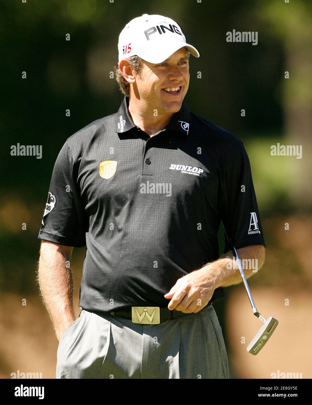 Lee Westwood smiles at the tenth green during his Pro-Am round Wednesday at the Quail Hollow Championship in Charlotte, North Carolina April 28, 2010. REUTERS/Jason Miczek (UNITED STATES - Tags: SPORT GOLF) Stock Photo