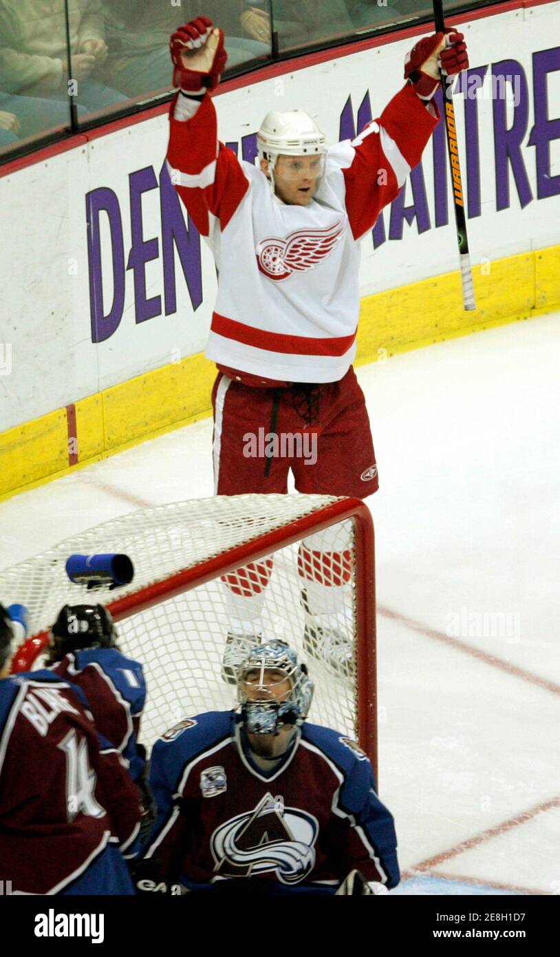 Detroit Red Wings winger Dan Cleary (top) sneaks the puck behind Colorado Avalanche goalie David Aebischer (bottom) in Denver, Colorado, February 4, 2006. The score came in the third period. REUTERS/Rick Wilking Stock Photo
