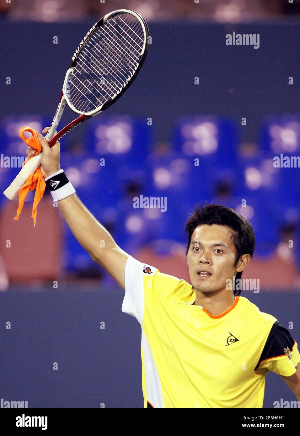 Danai Udomchoke of Thailand waves to fans after his win over Lu Yen-hsun of Taiwan during their final match at the Asian Hopman Cup in Bangkok November 11, 2007. REUTERS/Chaiwat Subprasom (THAILAND) Stock Photo