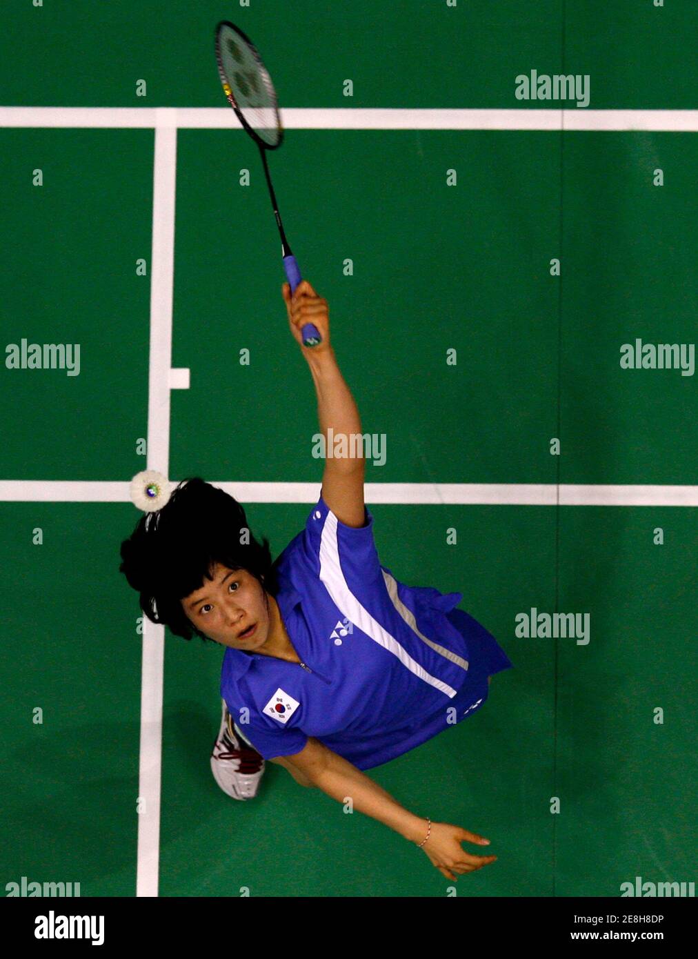 South Korea's Bae Youn-joo plays against South Africa's Annari Viljoen during their Uber Cup badminton championship in Jakarta May 11, 2008. REUTERS/Beawiharta (INDONESIA) Stock Photo