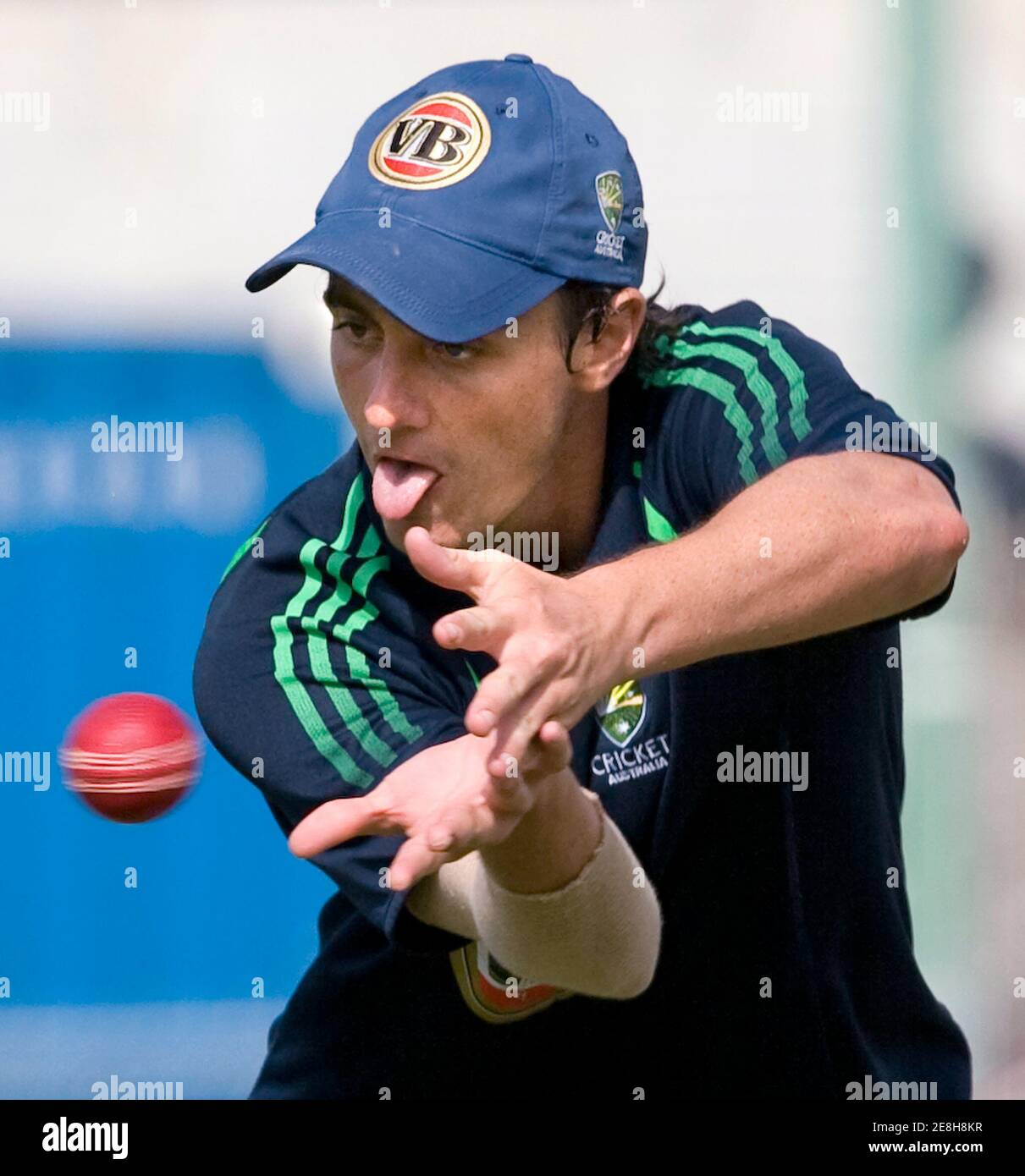 Australia's Beau Casson concentrates on his catch during training at Kensington Oval in Bridgetown, Barbados June 11, 2008. Australia will meet West Indies in their third and final test cricket match beginning on Thursday.      REUTERS/Andy Clark     (BARBADOS) Stock Photo