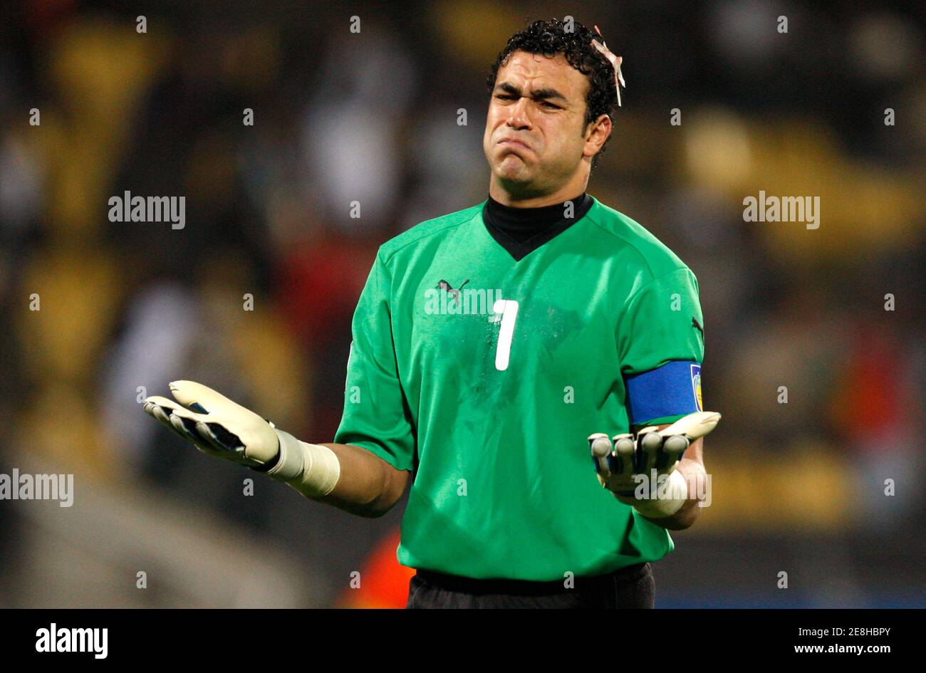 Egypt's goalkeeper Essam Al Hadari  reacts during their Confederations Cup soccer match against the U.S. at The Royal Bafokeng Sports Palace in Rustenburg June 21, 2009.       REUTERS/Jerry Lampen (SOUTH AFRICA SPORT SOCCER) Stock Photo