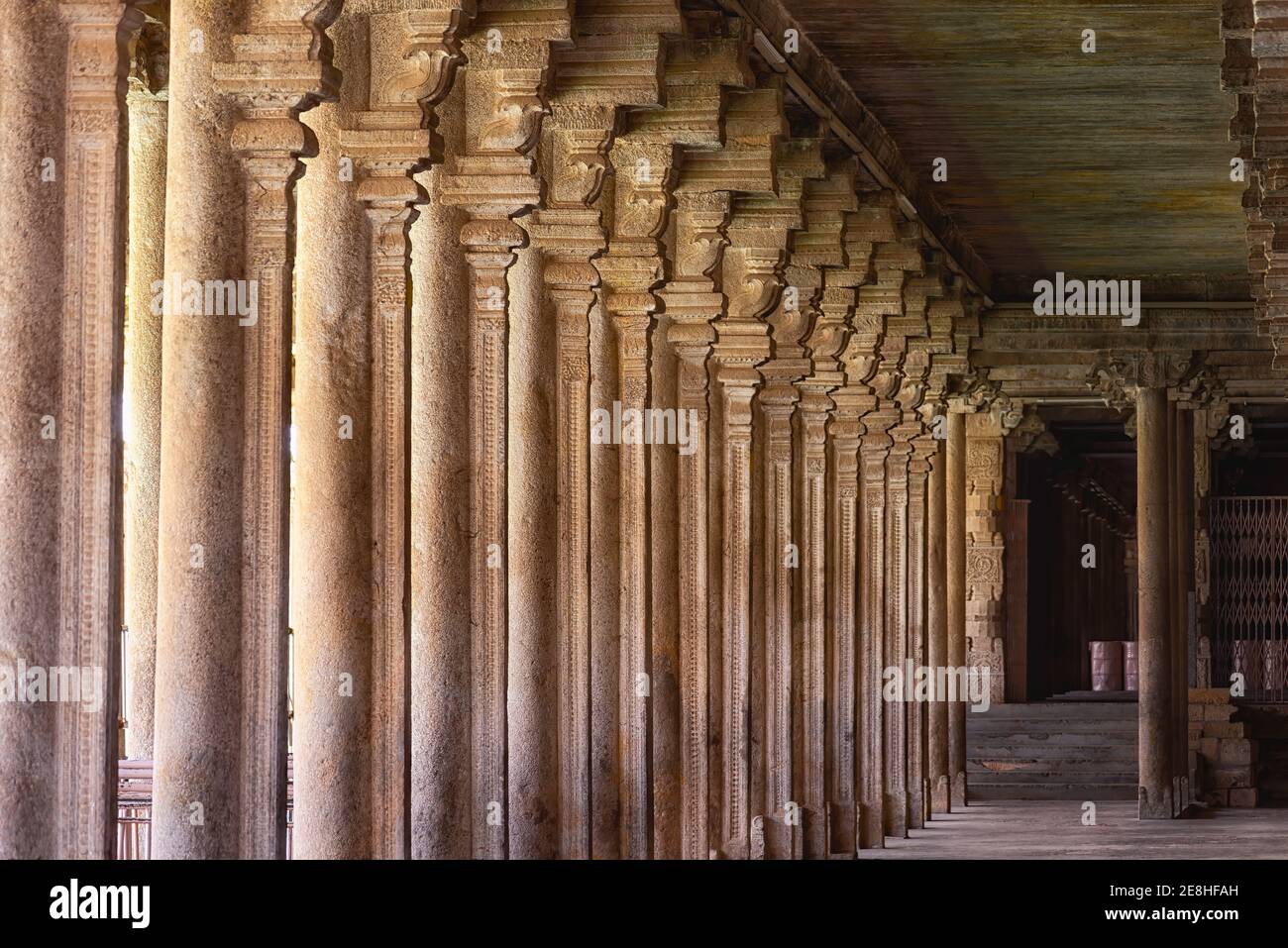 Colonnade in Sri Ranganathaswamy Temple, India. The Sri Ranganathaswamy is a Hindu temple constructed in the Dravidian architectural style Stock Photo
