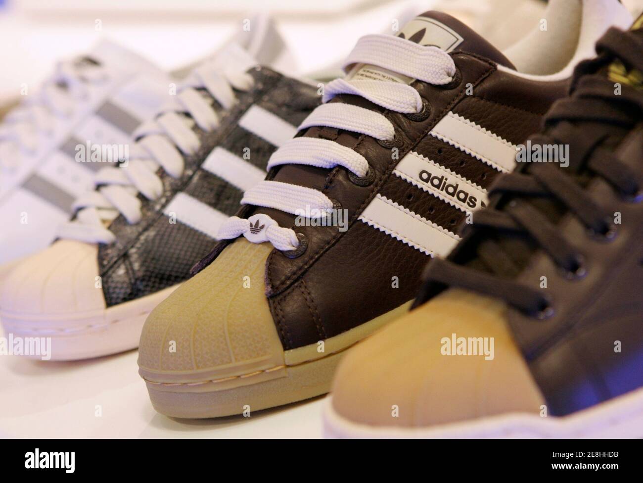 Shoes of the Adidas fashion line are pictured in a Munich shoe shop March  3, 2010. Adidas, the world's number two sports goods maker, expects to grow  faster this year in North America than the number one, arch rival Nike,  Adidas Chief Executive Officer ...