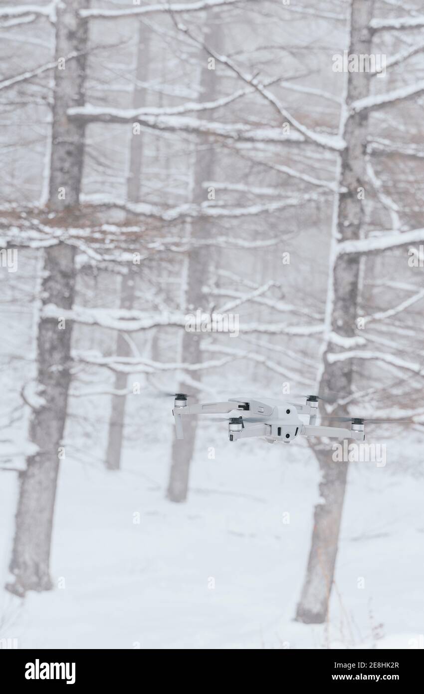 Contemporary white UAV flying over snowy glade in frozen winter woods in daylight Stock Photo