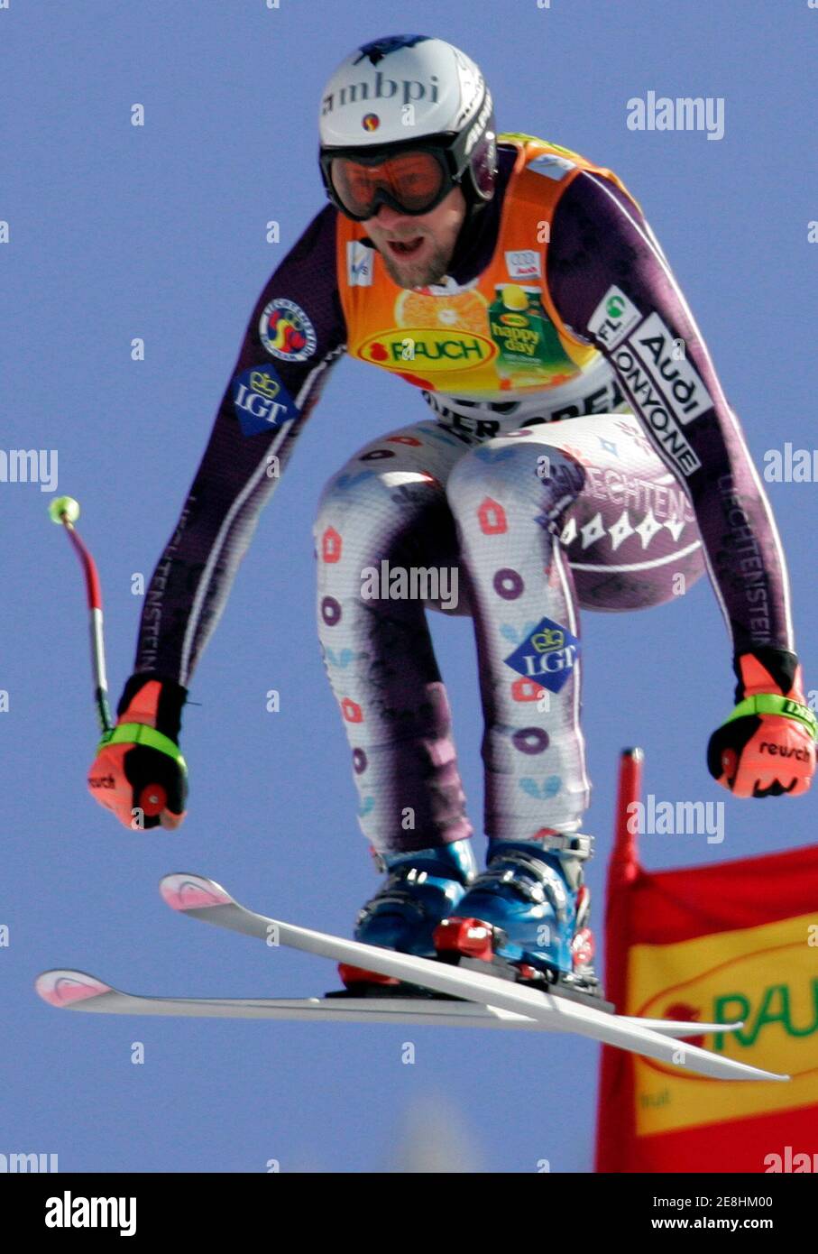 Marco Buechel of Liechtenstein skis to set the fifth best time in the downhill portion of the men's combined World Cup race in Beaver Creek, Colorado, November 30, 2006.  REUTERS/Rick Wilking (UNITED STATES) Stock Photo