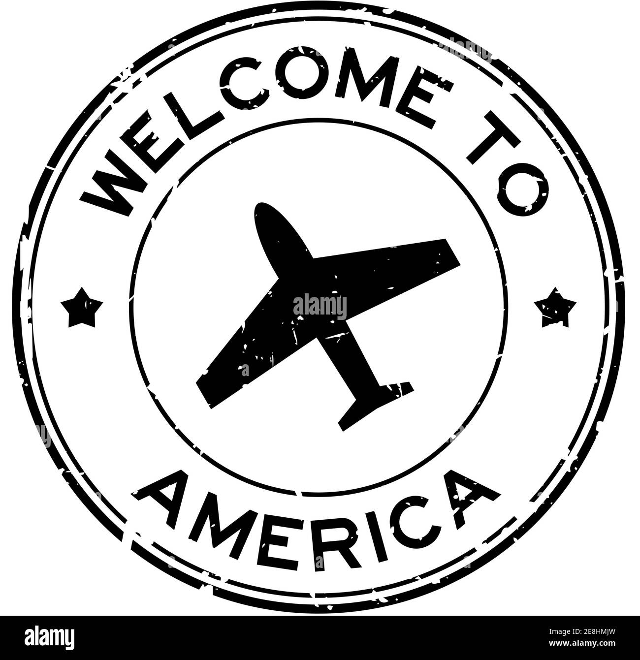 Grunge black welcome to America word with airplane icon round rubber seal stamp on white background Stock Vector
