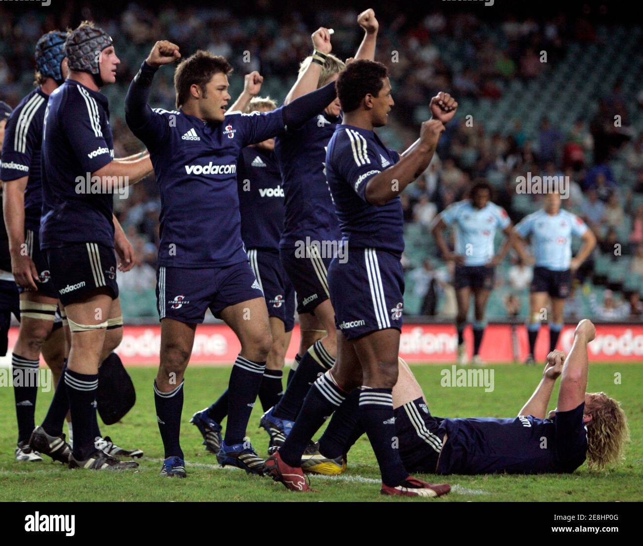 Stormers players from South Africa react after defeating the Waratahs from Australia in their Super 14 rugby union match in Sydney March 17, 2007. REUTERS/Will Burgess   (AUSTRALIA) Stock Photo