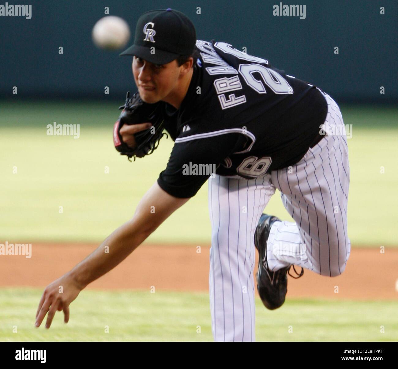 Colorado Rockies pitcher Jeff Francis throws against the New York Yankees in the top of the first inning during their MLB interleague baseball game in Denver, Colorado June 20, 2007. REUTERS/Rick Wilking (UNITED STATES) Stock Photo