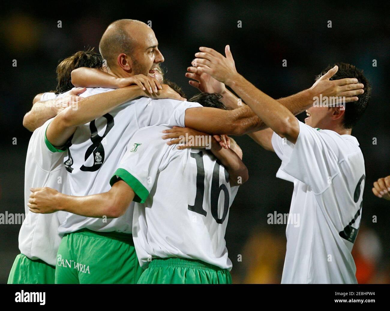 Spanish club Real Racing Santander's Gonzalo Colsa Albendea (2nd L) celebrates with his teammates after scoring a goal during the 2007 Peace Cup Korea tournament with British club Bolton Wanderers at the Goyang Stadium in Goyang, near Seoul, July 17, 2007.  REUTERS/Jo Yong-Hak (SOUTH KOREA) Stock Photo