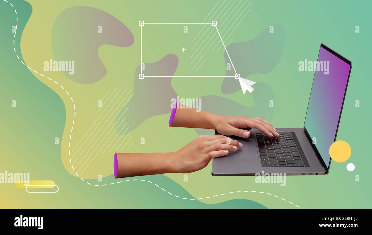 Conceptual contemporary art collage. Hands drawing a vector square in a computer. Stock Photo