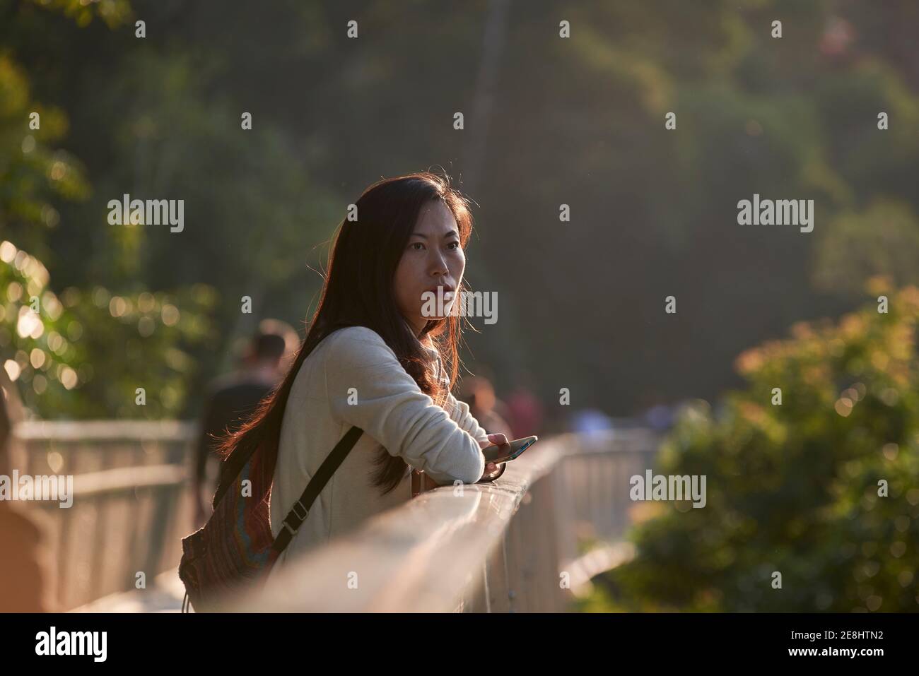 Side view thoughtful young Asian female in casual clothes leaning on footbridge railing and looking away in verdant lush forest on sunny day Stock Photo
