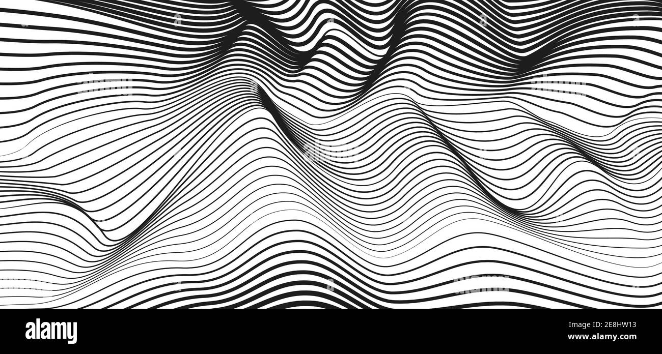 Black squiggle curves, white background. Abstract technology striped pattern. Vector monochrome line art design. Radio, sound waves concept. EPS10 Stock Vector