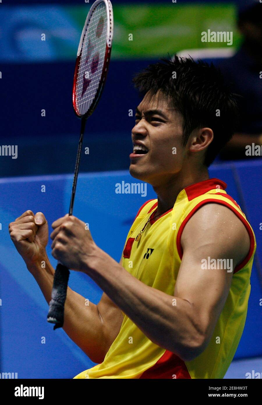 Lin Dan of China celebrates his victory over Peter Hoeeg Gade of Denmark in their men's singles quarter-final badminton match at the Beijing 2008 Olympic Games, August 14, 2008.     REUTERS/Beawiharta (CHINA) Stock Photo