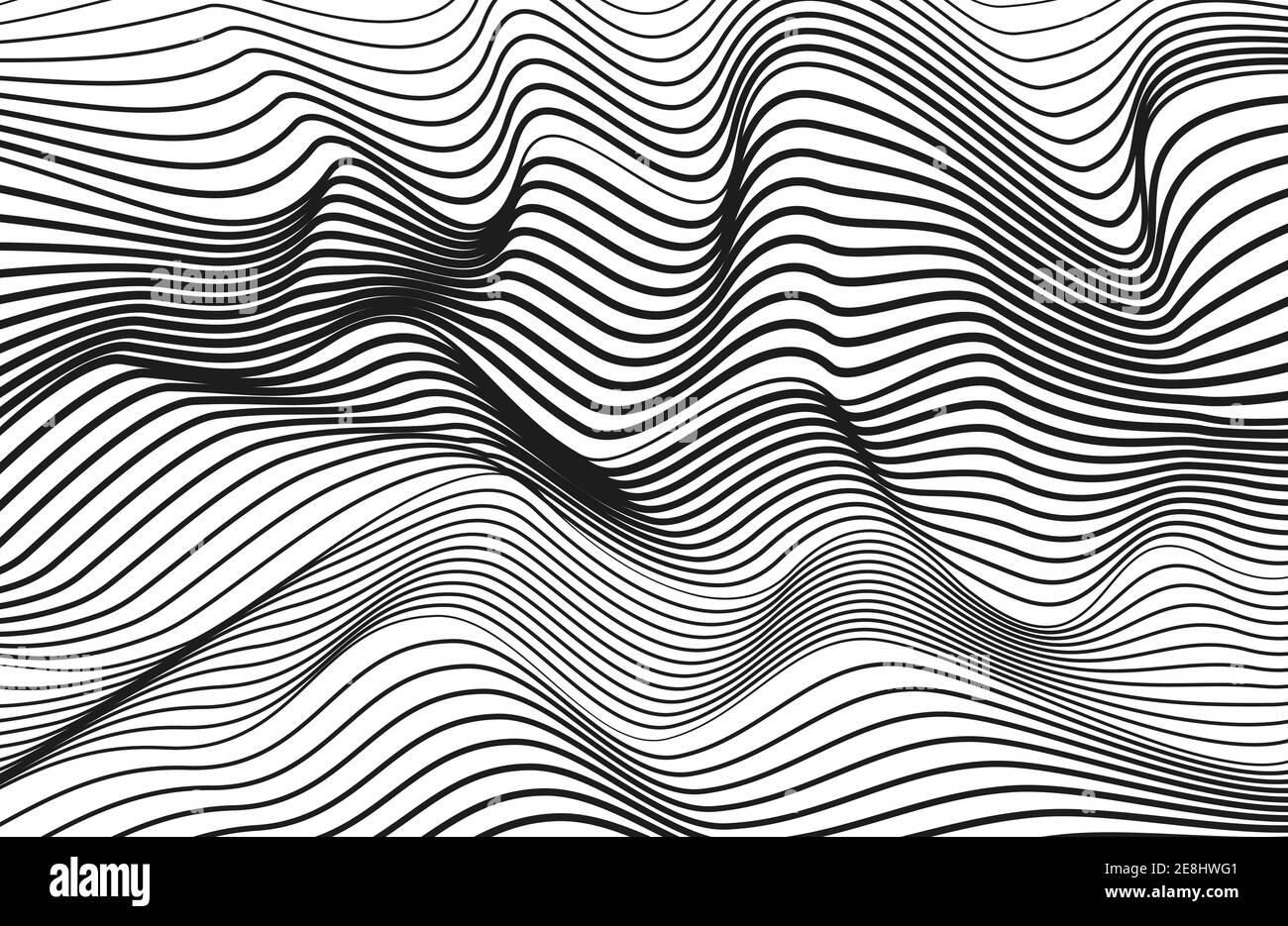 Op art tech pattern. Abstract black and white waves. Creative design, flowing lines. Vector squiggle thin curves. Monochrome striped background. EPS10 Stock Vector