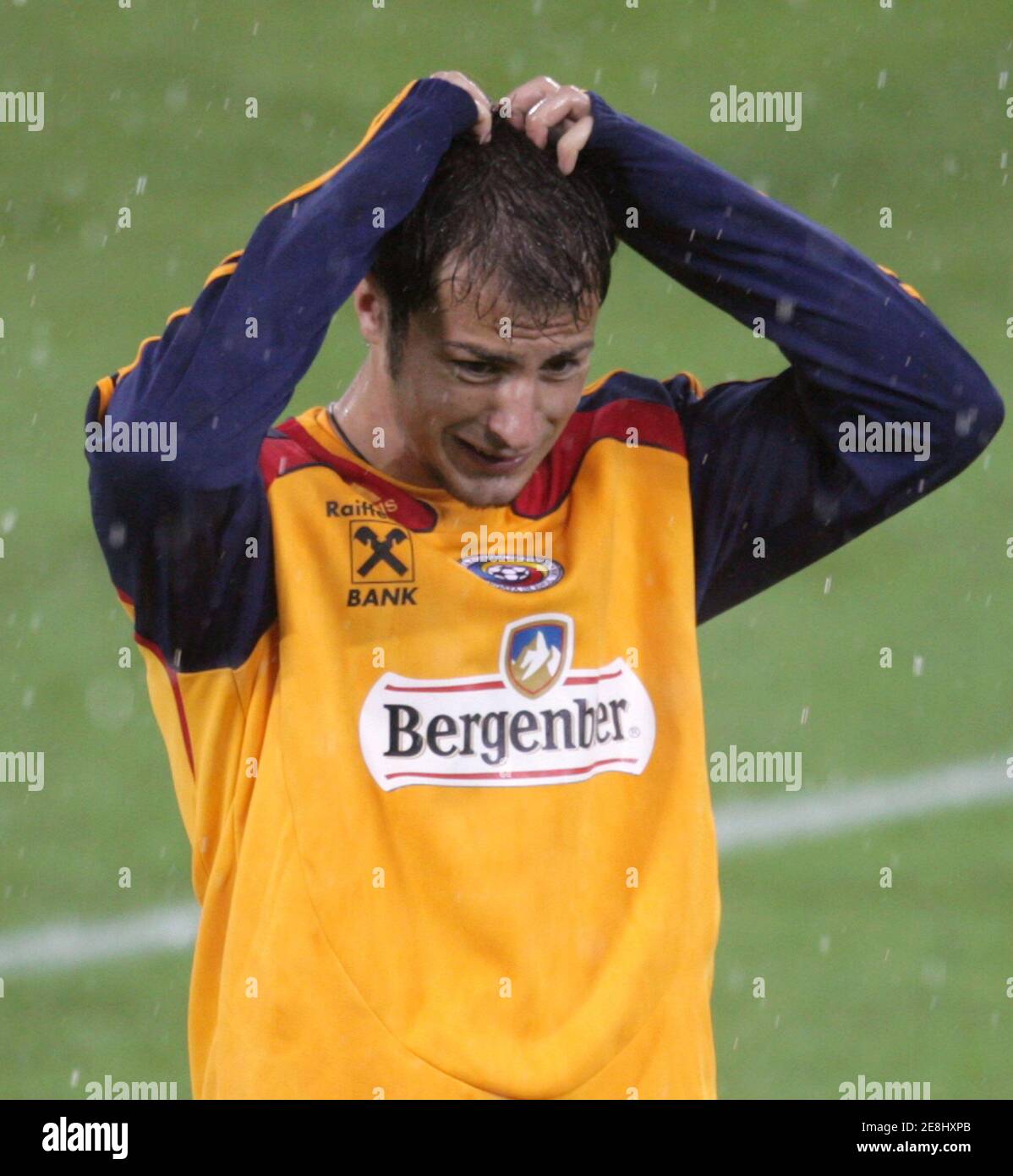 Romania's national soccer player Radu Stefan gestures during a public training session for the Euro 2008 soccer tournament in St. Gallen, June 2, 2008. REUTERS/Miro Kuzmanovic (SWITZERLAND) (EURO 2008 PREVIEW) Stock Photo