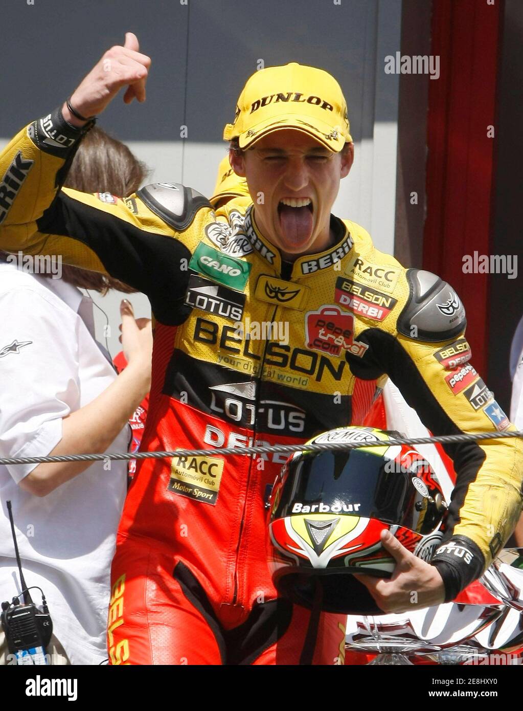 Derbi 125cc rider Pol Espargaro of Spain gestures on the podium after  taking second place in the 125cc race of the Catalan Grand Prix at Circuit  de Catalunya racetrack in Montmelo, near