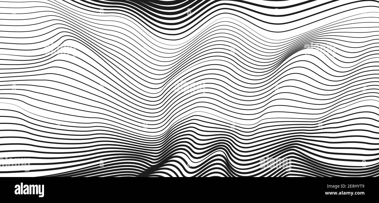 Black undulating curves on white background. Abstract technology striped pattern. Vector modern line art design. Radio, sound waves concept. EPS10 Stock Vector