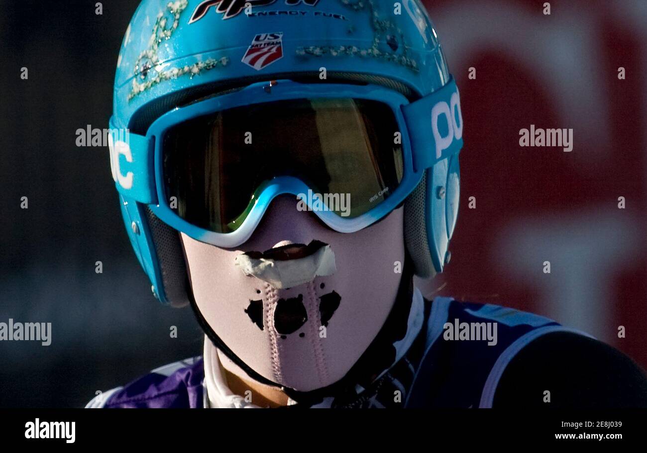 Julia Mancuso of the U.S. Is seen wearing a mask to protect her face from the cold during World Cup Women's downhill ski training in Lake Louise, Alberta December 3, 2008.     REUTERS/Andy Clark     (CANADA) Stock Photo