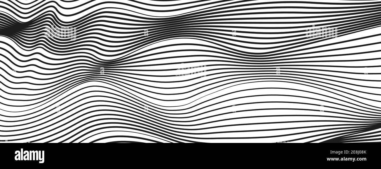 Technology line art pattern. Abstract waves, black and white striped background. Vector squiggle curves. Optical illusion. Monochrome design. EPS10 Stock Vector