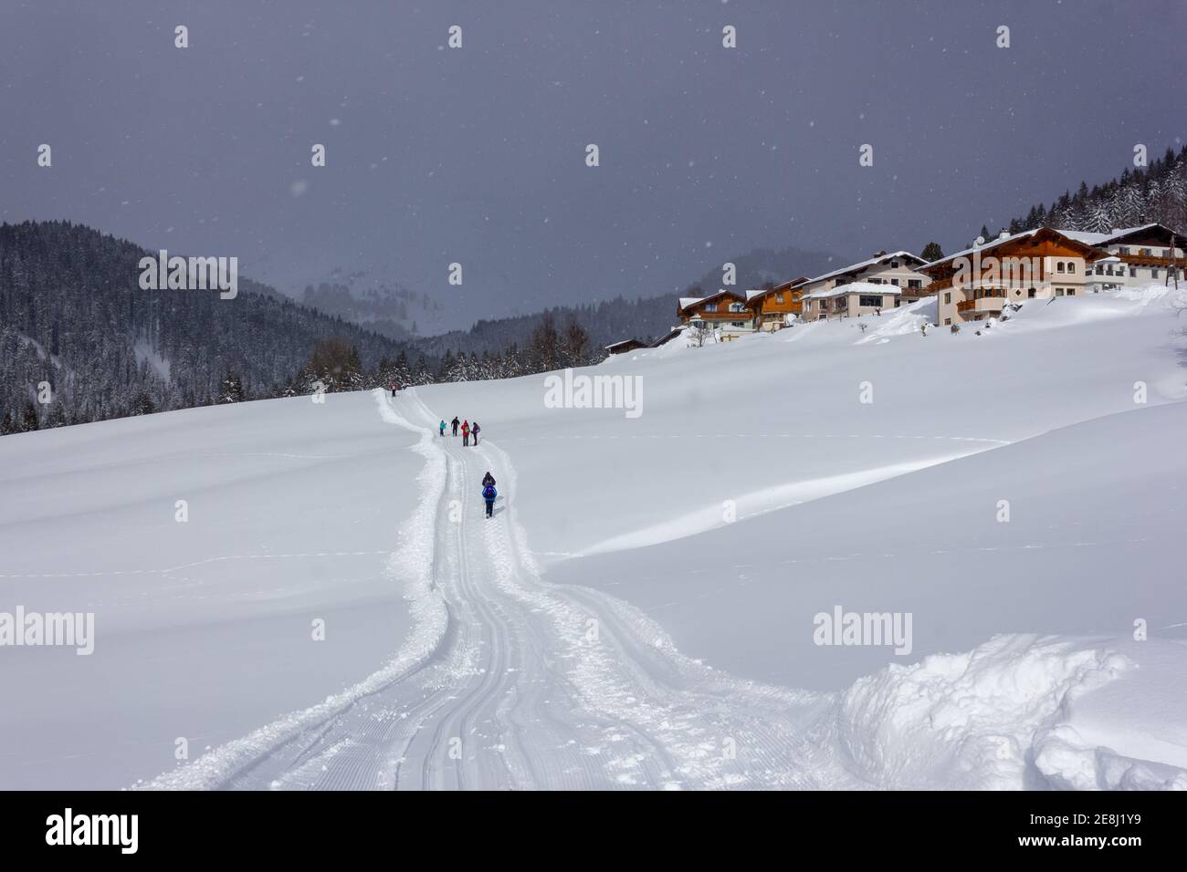 Several tourists hiking during snowy weather in the Alps with typical Austrian houses in the background Stock Photo