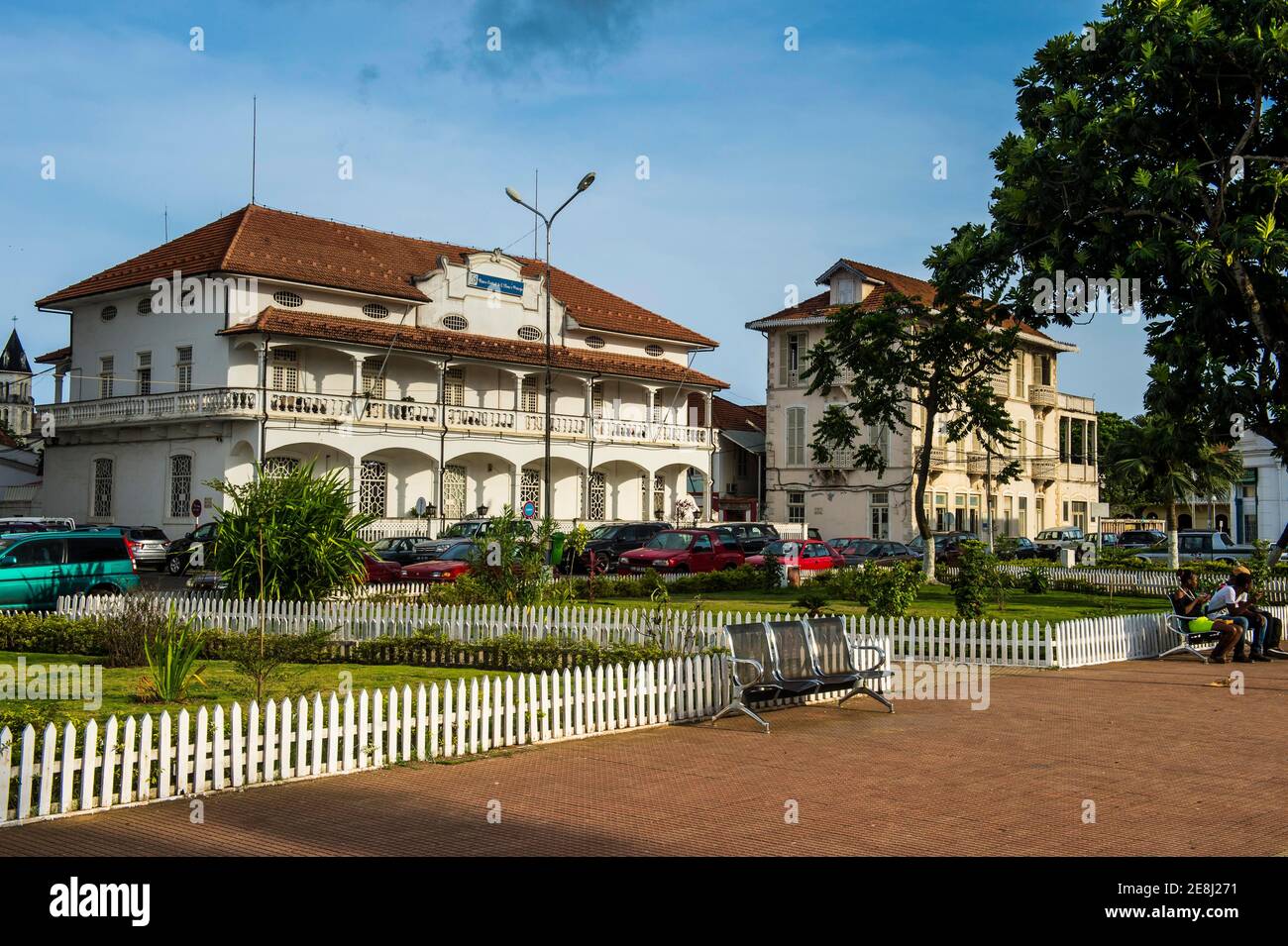 Colonial buildings on independence square in the city of Sao Tome, Sao Tome and Principe, Atlantic ocean Stock Photo