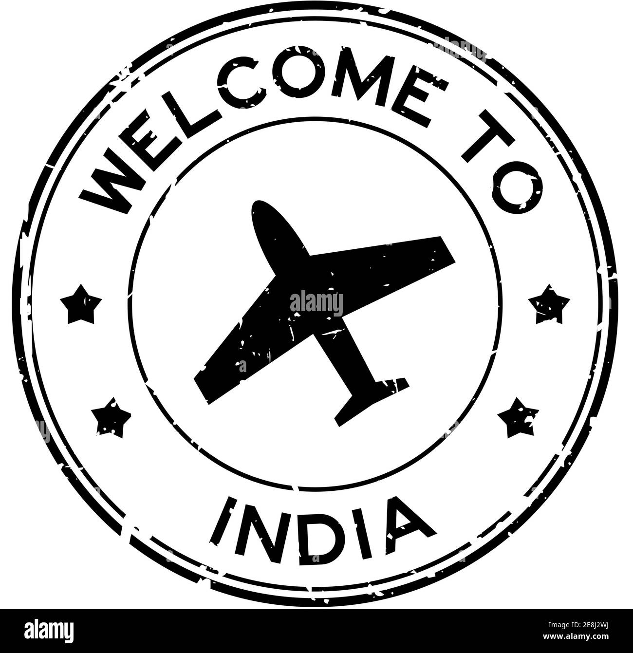 Grunge black welcome to India word with airplane icon round rubber seal stamp on white background Stock Vector