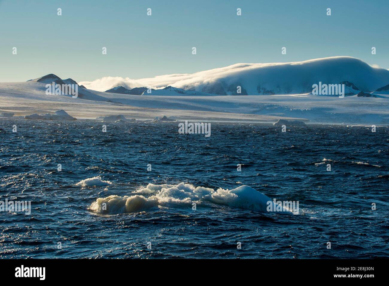 Little icebergs loating before the huge glaciers on Tabarin Peninsula, Antarctica Stock Photo