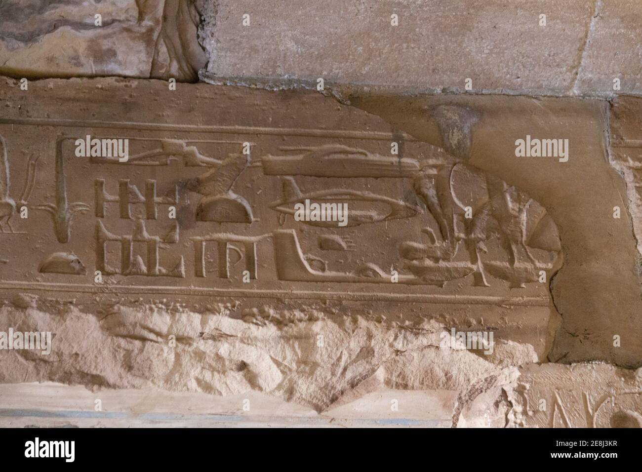 Egypt, Abydos, strange hieroglyphs, called "Abydos helicopter", sometimes (wrongly) seen as a proof that aliens met Ancient Egyptians. Stock Photo