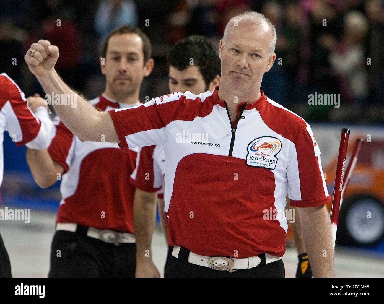 Team Howard skip Glenn Howard celebrates after defeating Team Stoughton during the Canadian Olympic curling trials men's semi-final in Edmonton, Alberta December 12, 2009.     REUTERS/Andy Clark     (CANADA - Tags: SPORT CURLING) Stock Photo